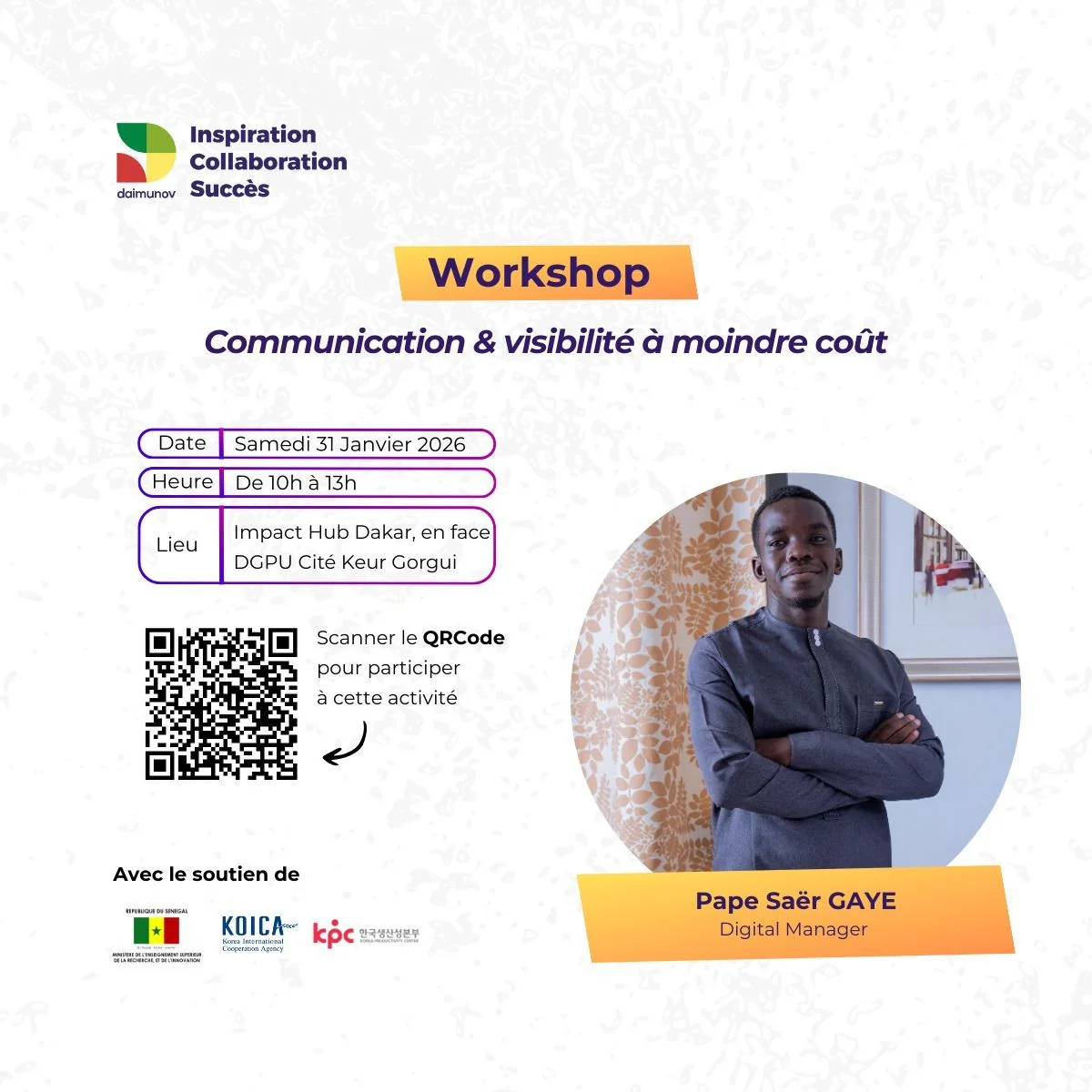 Affiche du workshop Communication et visibilité à moindre coût animé par Pape Saër Gaye
